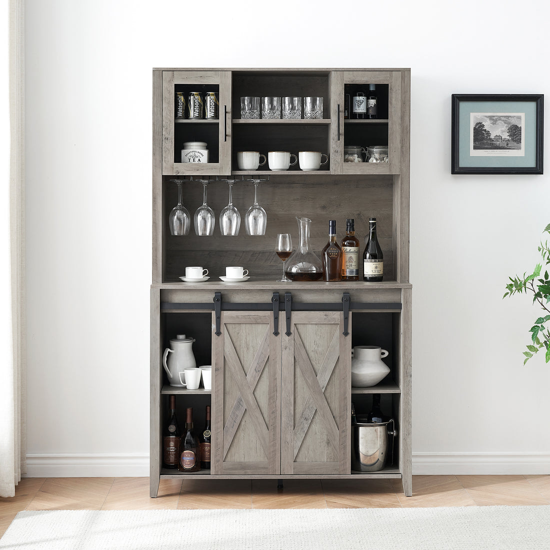 Garvee 70'' Wine Coffee Bar Cabinet with Storage Hutch, Tall Kitchen Pantry Liquor Cabinet with Sliding Barn Doors, Bottle Glasses Rack, Farmhouse Buffet for Home Dining Room, Gray