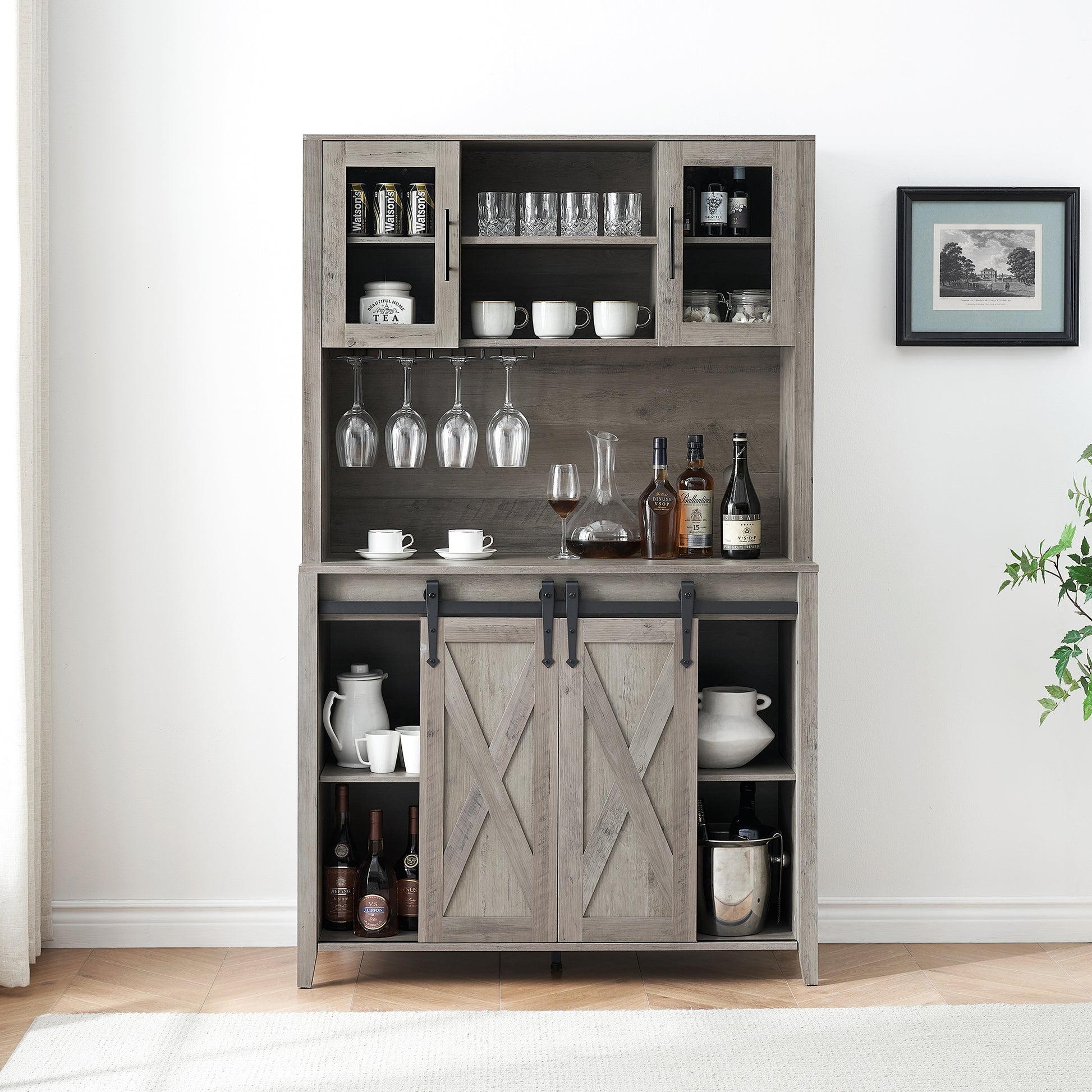 Garvee 70'' Wine Coffee Bar Cabinet with Storage Hutch, Tall Kitchen Pantry Liquor Cabinet with Sliding Barn Doors, Bottle Glasses Rack, Farmhouse Buffet for Home Dining Room, Gray