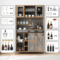 Garvee 70'' Wine Coffee Bar Cabinet with Storage Hutch, Tall Kitchen Pantry Liquor Cabinet with Sliding Barn Doors, Bottle Glasses Rack, Farmhouse Buffet for Home Dining Room, Gray