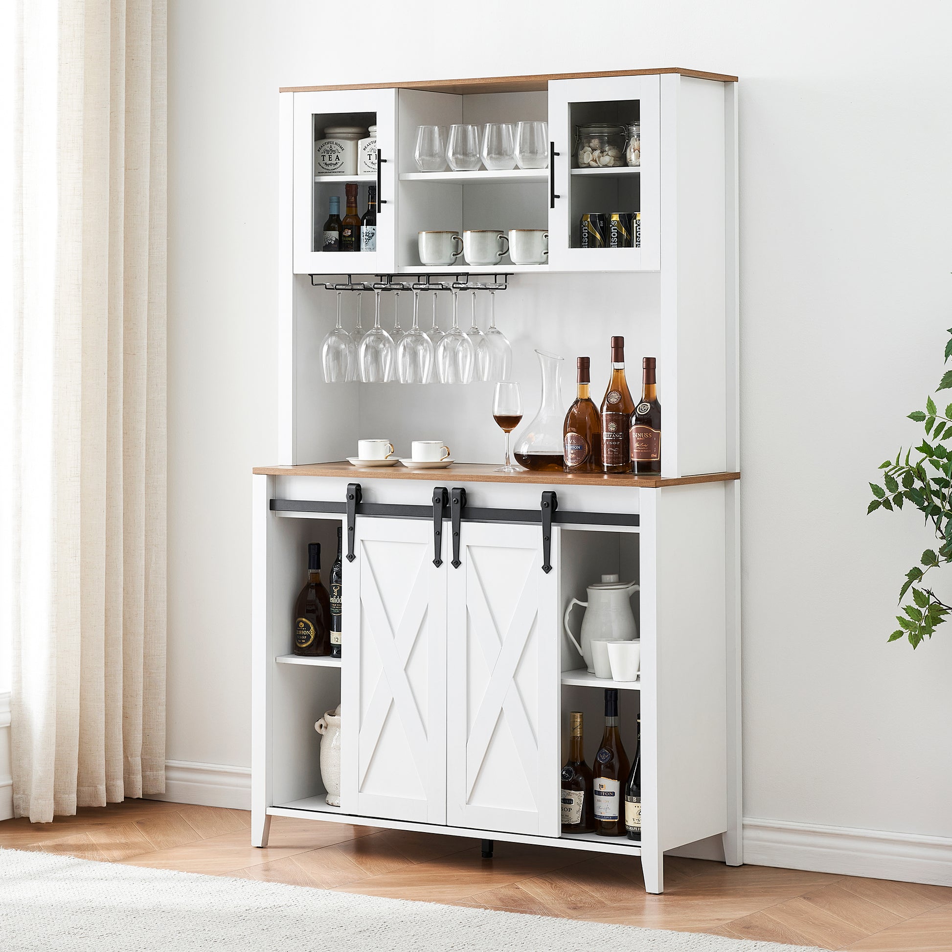 Garvee Farmhouse Wine Cabinet with Sliding Barn Door, 70" Country Wine Cabinet with Wine Rack and Wine Glass Rack, Buffet, Storage Rack, Kitchen Sideboard, Dining Room - White