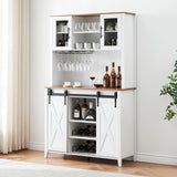 Garvee Farmhouse Wine Cabinet with Sliding Barn Door, 70" Country Wine Cabinet with Wine Rack and Wine Glass Rack, Buffet, Storage Rack, Kitchen Sideboard, Dining Room - White - White