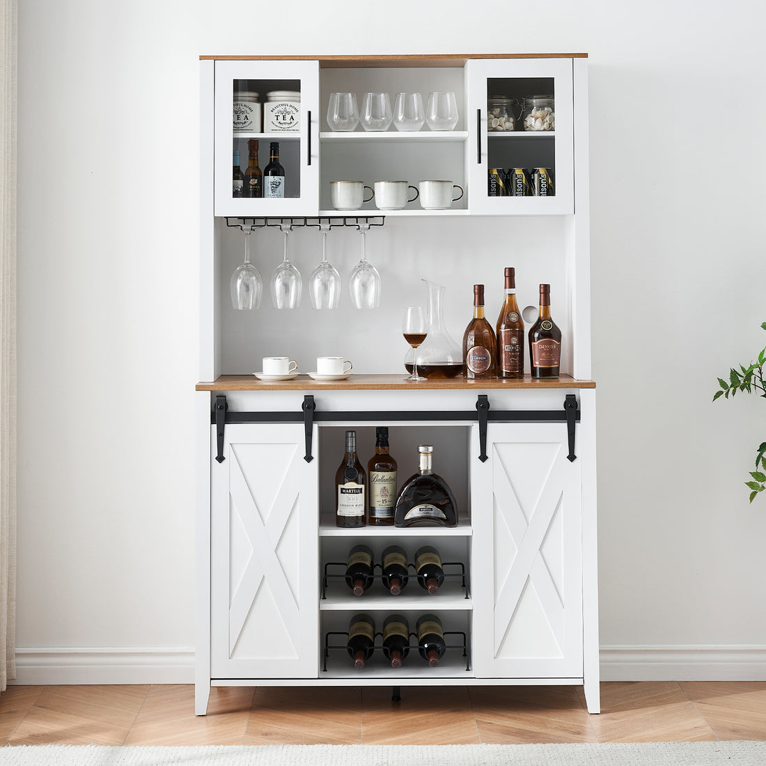 Garvee Farmhouse Wine Cabinet with Sliding Barn Door, 70" Country Wine Cabinet with Wine Rack and Wine Glass Rack, Buffet, Storage Rack, Kitchen Sideboard, Dining Room - White
