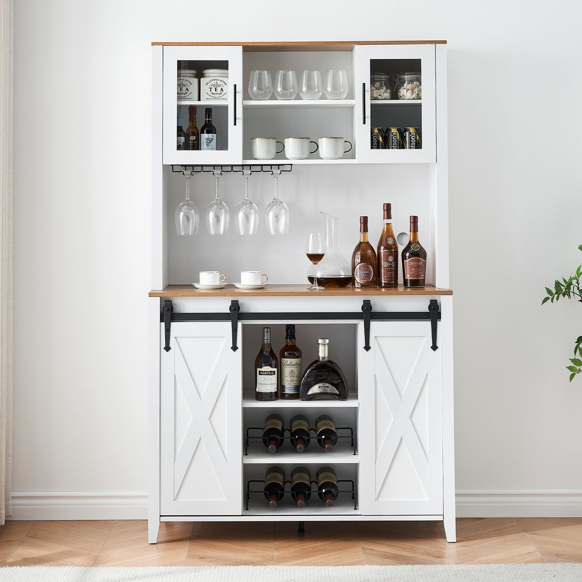 Garvee Farmhouse Wine Cabinet with Sliding Barn Door, 70" Country Wine Cabinet with Wine Rack and Wine Glass Rack, Buffet, Storage Rack, Kitchen Sideboard, Dining Room - White