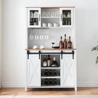 Garvee Farmhouse Wine Cabinet with Sliding Barn Door, 70" Country Wine Cabinet with Wine Rack and Wine Glass Rack, Buffet, Storage Rack, Kitchen Sideboard, Dining Room - White