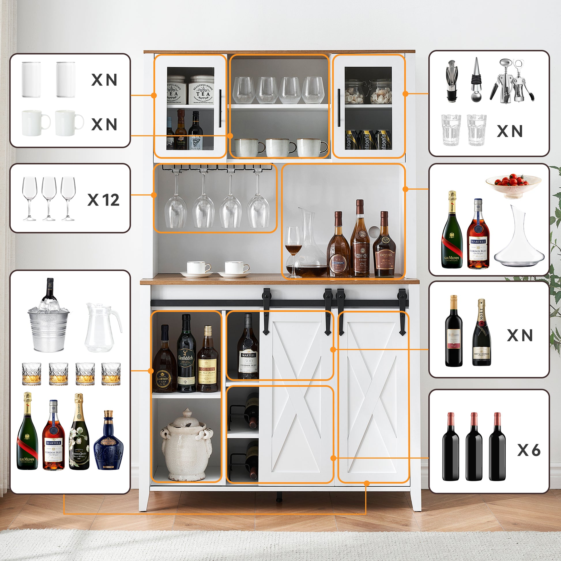Garvee Farmhouse Wine Cabinet with Sliding Barn Door, 70" Country Wine Cabinet with Wine Rack and Wine Glass Rack, Buffet, Storage Rack, Kitchen Sideboard, Dining Room - White