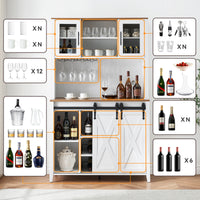 Garvee Farmhouse Wine Cabinet with Sliding Barn Door, 70" Country Wine Cabinet with Wine Rack and Wine Glass Rack, Buffet, Storage Rack, Kitchen Sideboard, Dining Room - White