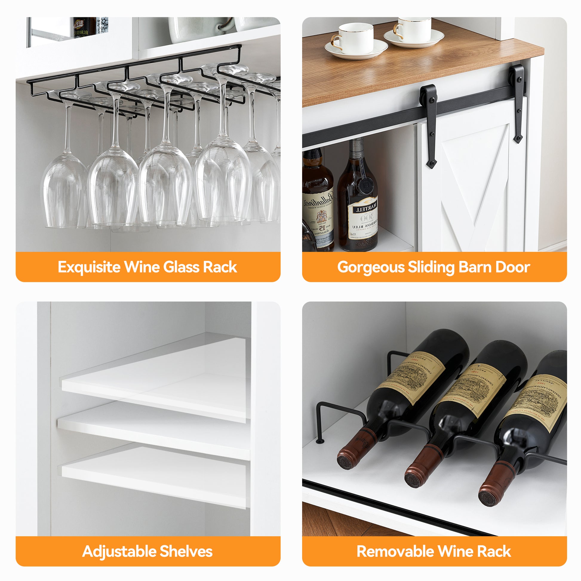 Garvee Farmhouse Wine Cabinet with Sliding Barn Door, 70" Country Wine Cabinet with Wine Rack and Wine Glass Rack, Buffet, Storage Rack, Kitchen Sideboard, Dining Room - White