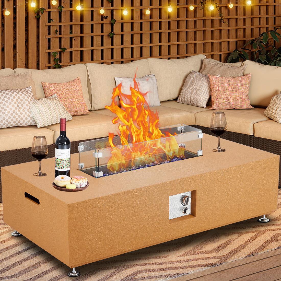 Garvee 48" 50000 BTU Propane Fire Pit Table with 13" Square Ice Bucket, Wind Guard, Fire Glass Beads, CSA Certified Outdoor Firepit, Orange