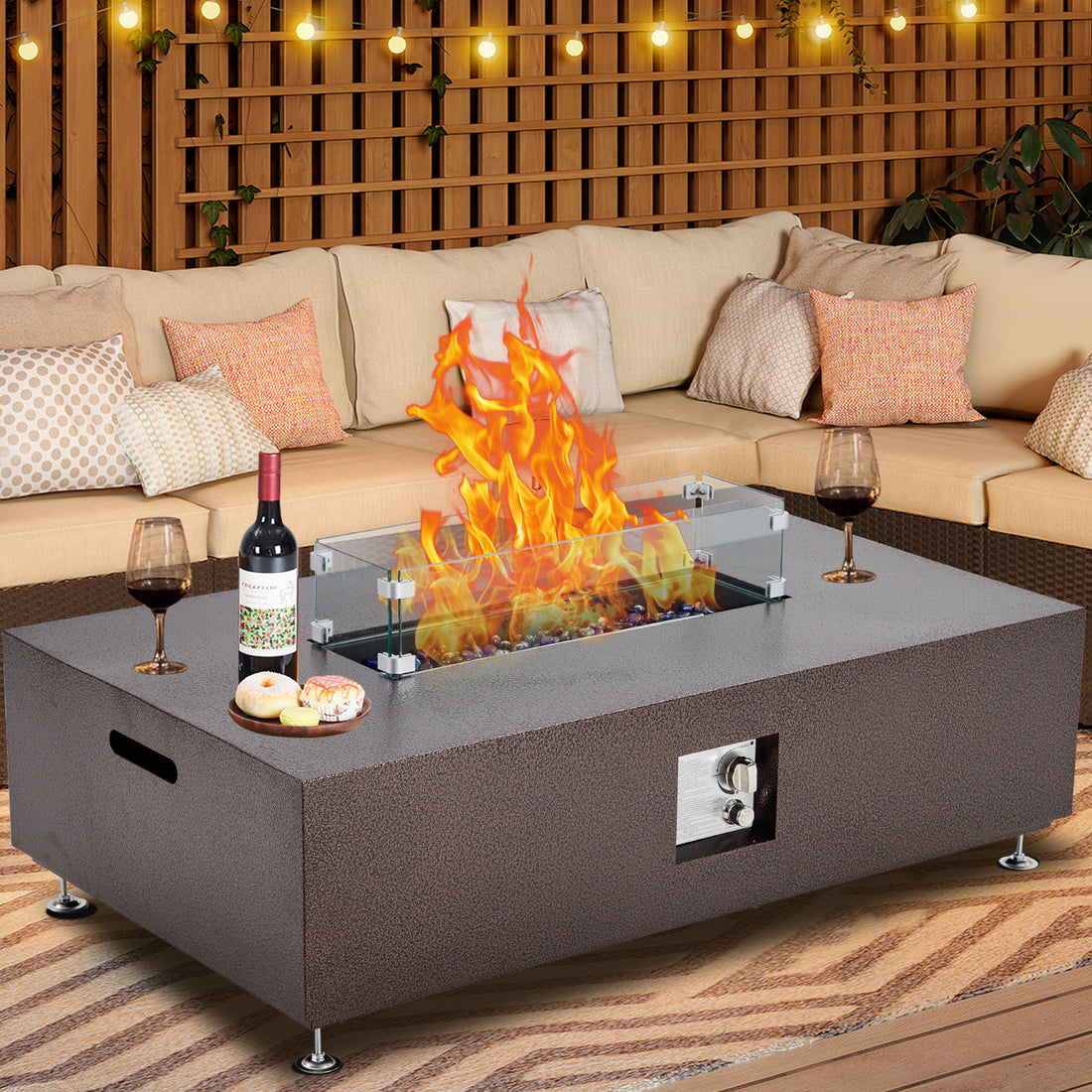Garvee 48" 50000 BTU Propane Fire Pit Table with 13" Square Ice Bucket, Wind Guard, Fire Glass Beads, CSA Certified Outdoor Firepit - Bronze