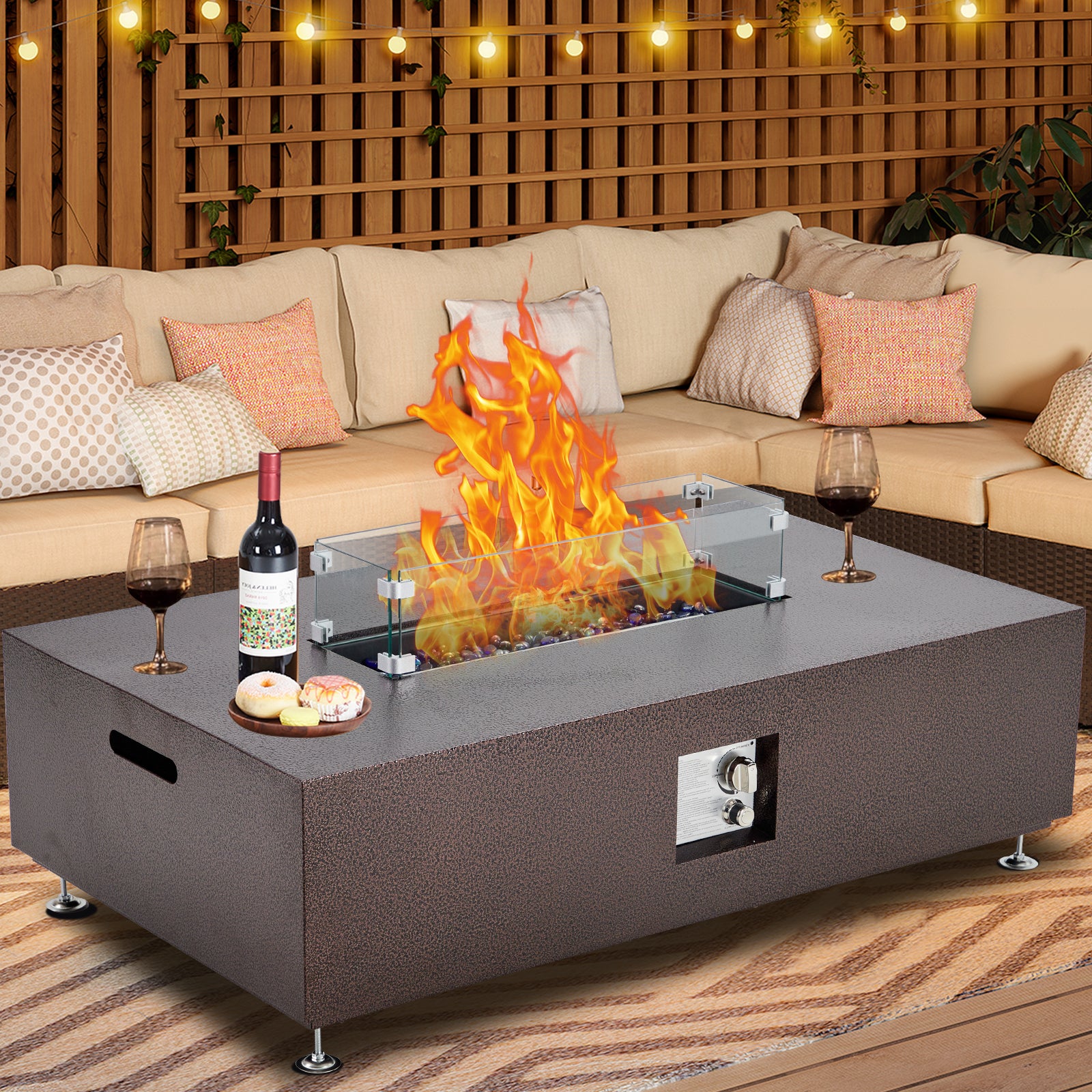 Garvee 48" 50000 BTU Propane Fire Pit Table with 13" Square Ice Bucket, Wind Guard, Fire Glass Beads, CSA Certified Outdoor Firepit - Bronze