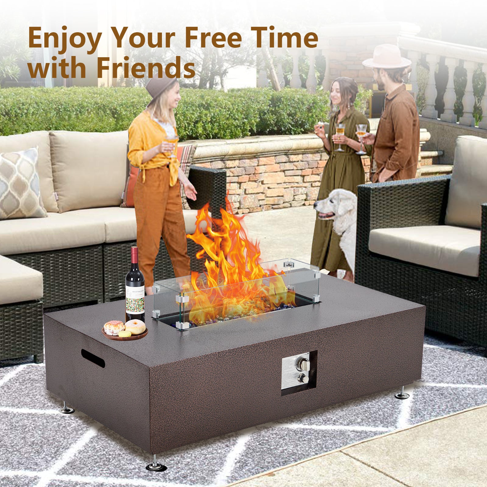 Garvee 48" 50000 BTU Propane Fire Pit Table with 13" Square Ice Bucket, Wind Guard, Fire Glass Beads, CSA Certified Outdoor Firepit - Bronze