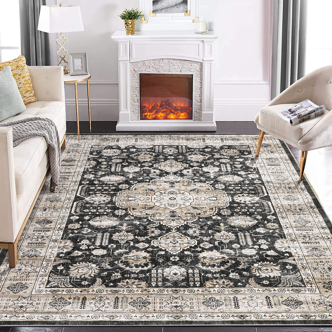 Garvee Area Rugs 9x12 Living Room Washable Rug Vintage Medallion Rug Indoor Distressed Print Rug Soft Non Slip Throw Carpet Oriental Aesthetic Rug Boho Foldable Thin Rug for Bedroom Home Office