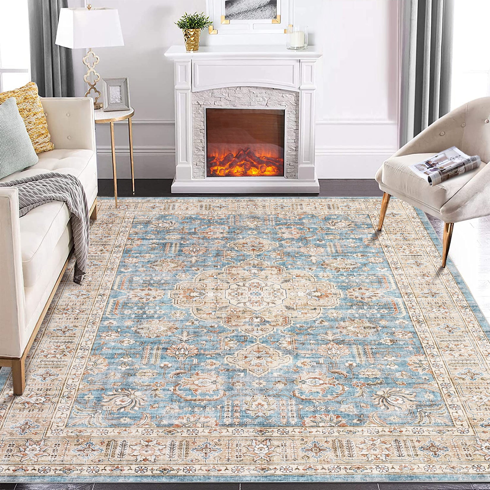 Garvee Area Rug Living Room Rug 10x13 Washable Rug Non Slip Backing Vintage Rug Soft Indoor Distressed Carpet Oriental Aesthetic Throw Carpet Foldable Thin Rug for Bedroom Nursery Dorm Office Blue