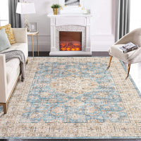 Garvee Area Rug Living Room Rug 10x13 Washable Rug Non Slip Backing Vintage Rug Soft Indoor Distressed Carpet Oriental Aesthetic Throw Carpet Foldable Thin Rug for Bedroom Nursery Dorm Office Blue
