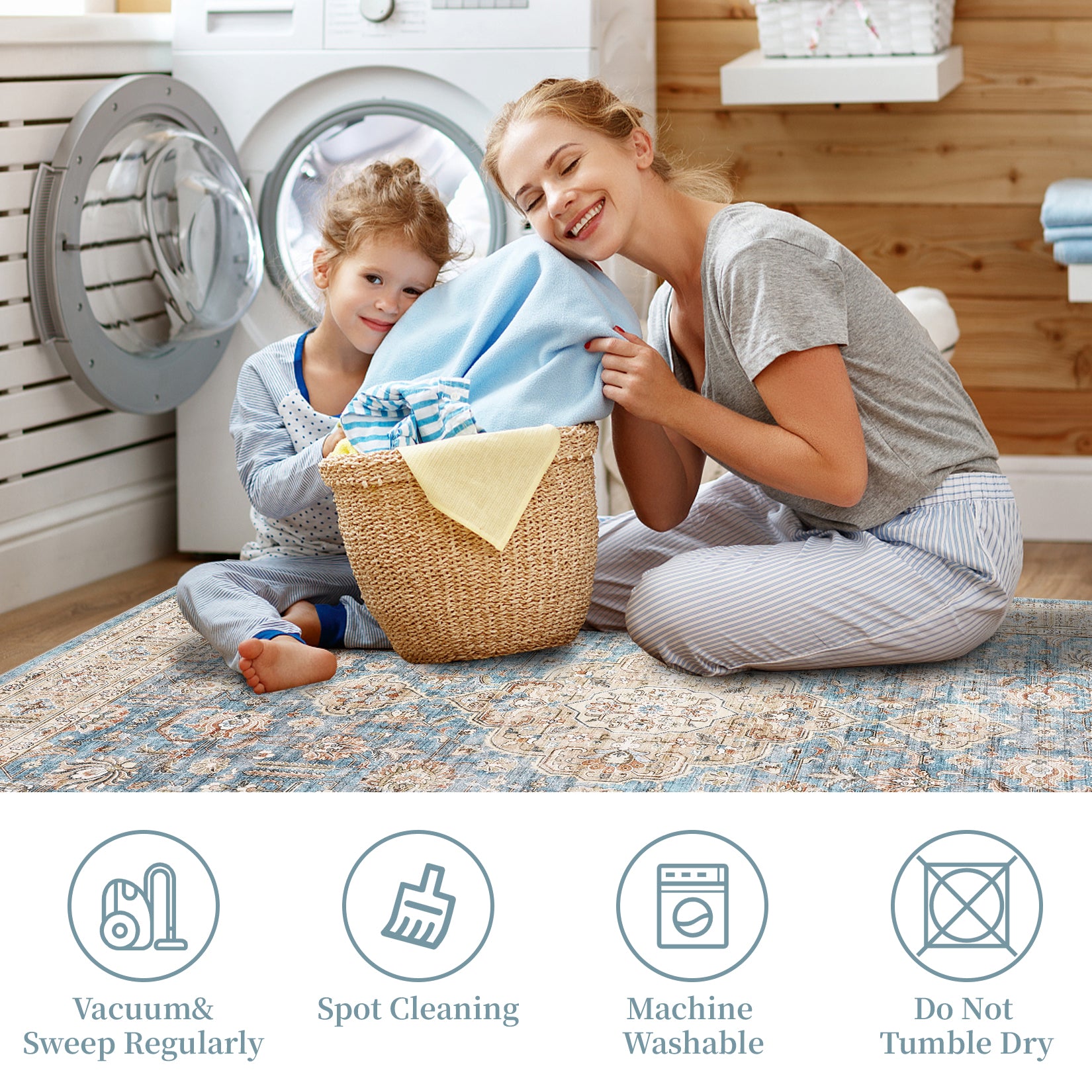 Garvee Area Rug Living Room Rug 10x13 Washable Rug Non Slip Backing Vintage Rug Soft Indoor Distressed Carpet Oriental Aesthetic Throw Carpet Foldable Thin Rug for Bedroom Nursery Dorm Office Blue