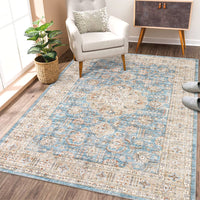 Garvee Area Rug Living Room Rug 10x13 Washable Rug Non Slip Backing Vintage Rug Soft Indoor Distressed Carpet Oriental Aesthetic Throw Carpet Foldable Thin Rug for Bedroom Nursery Dorm Office Blue