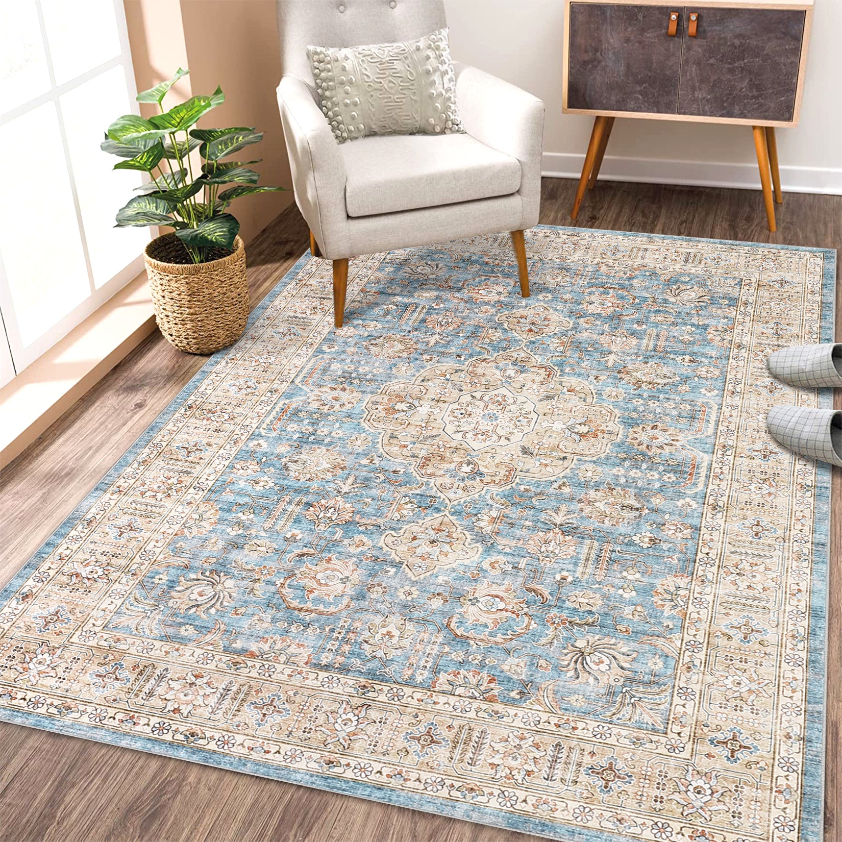 Garvee Washable Rug 6x9 Boho Soft Living Room Rugs Indoor Distressed Floor Carpet Vintage Rustic Farmhouse Area Rugs for Bedroom Non Slip Foldable Thin Rug for Kitchen Dining Room Kids Room Blue