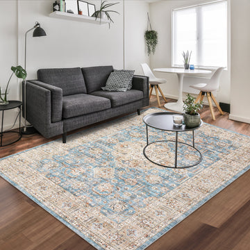 Garvee Washable Rug 6x9 Boho Soft Living Room Rugs Indoor Distressed Floor Carpet Vintage Rustic Farmhouse Area Rugs for Bedroom Non Slip Foldable Thin Rug for Kitchen Dining Room Kids Room Blue