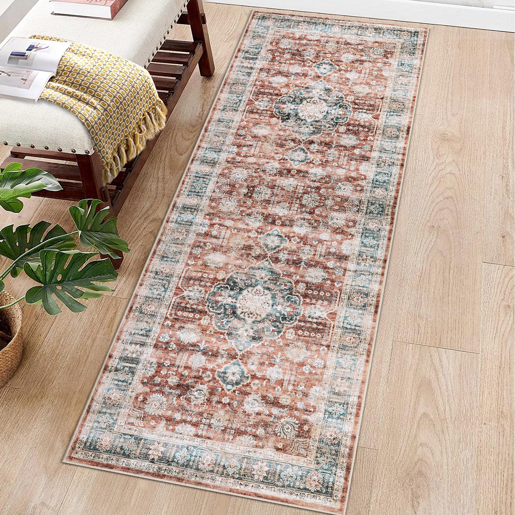 Garvee Area Rug 2x6 Vintage Rug Runner Washable Rug Soft Oriental Entryway Runners Indoor Hallway Kitchen Runners Non-Slip Non Shedding Long Rug Runner for Living Room Bedroom Bedside Bathroom Red