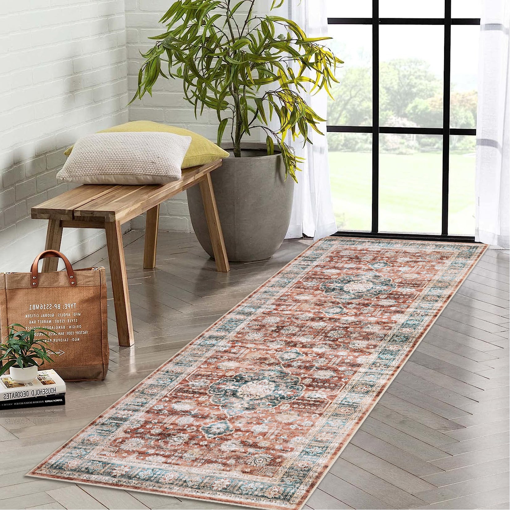 Garvee Area Rug 2x6 Vintage Rug Runner Washable Rug Soft Oriental Entryway Runners Indoor Hallway Kitchen Runners Non-Slip Non Shedding Long Rug Runner for Living Room Bedroom Bedside Bathroom Red