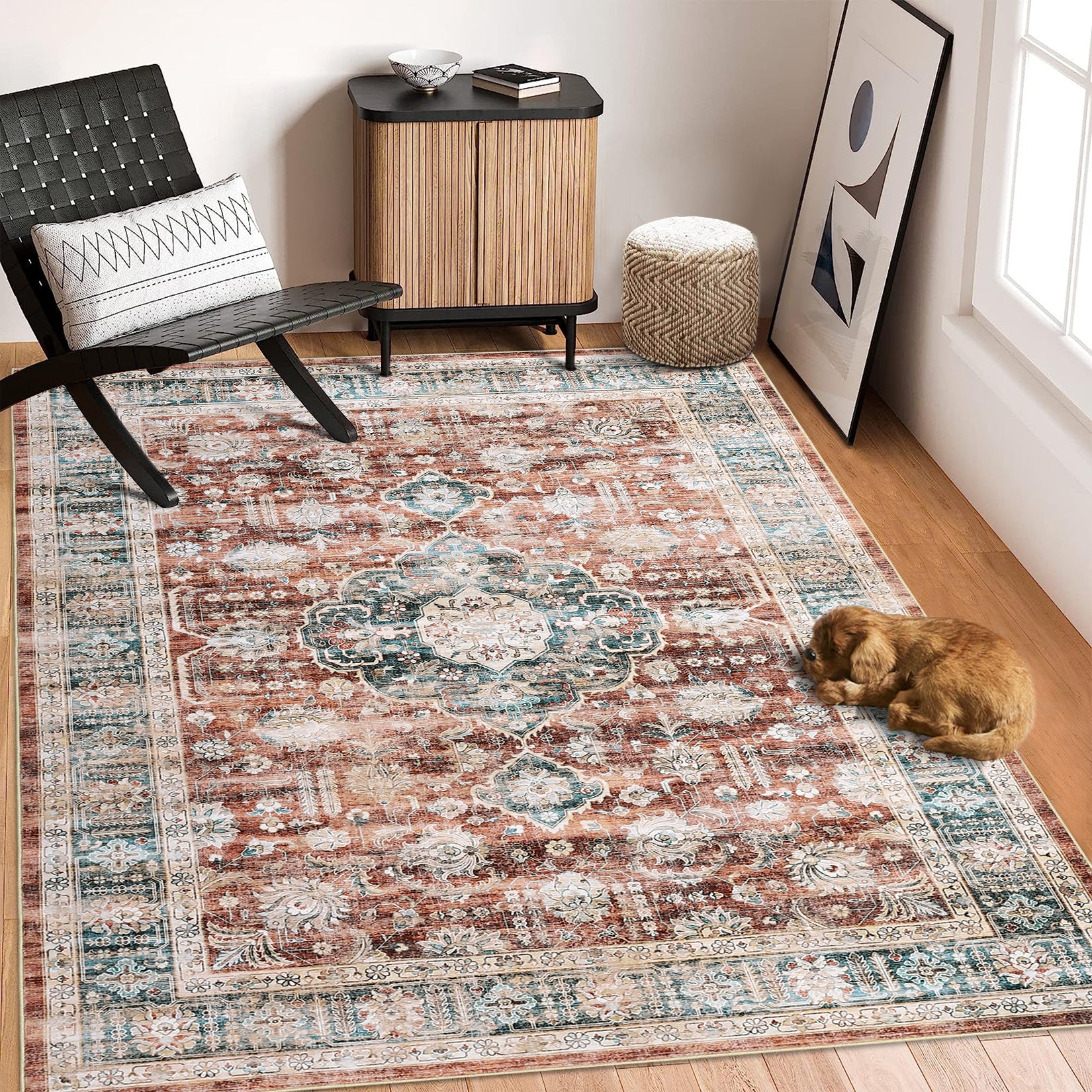 Garvee Washable Rug 6x9 Boho Soft Living Room Rugs Indoor Distressed Floor Carpet Vintage Rustic Farmhouse Area Rugs for Bedroom Non Slip Foldable Thin Rug for Kitchen Dining Room Kids Room Red