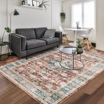 Garvee Washable Rug 6x9 Boho Soft Living Room Rugs Indoor Distressed Floor Carpet Vintage Rustic Farmhouse Area Rugs for Bedroom Non Slip Foldable Thin Rug for Kitchen Dining Room Kids Room Red