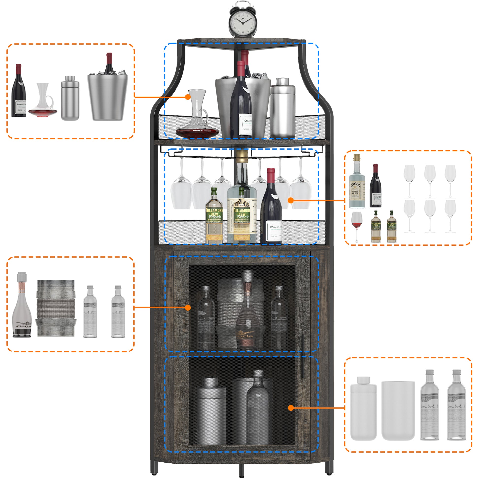 Garvee Corner Wine Bar Rack Cabinet with Detachable Wine Rack, Bar Cabinet with Glass Holder and Mesh Door, Liquor Coffe Bar Cabinet with Adjustable Shelves, Dark Wood