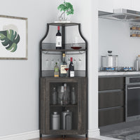 Garvee Corner Wine Bar Rack Cabinet with Detachable Wine Rack, Bar Cabinet with Glass Holder and Mesh Door, Liquor Coffe Bar Cabinet with Adjustable Shelves, Dark Wood