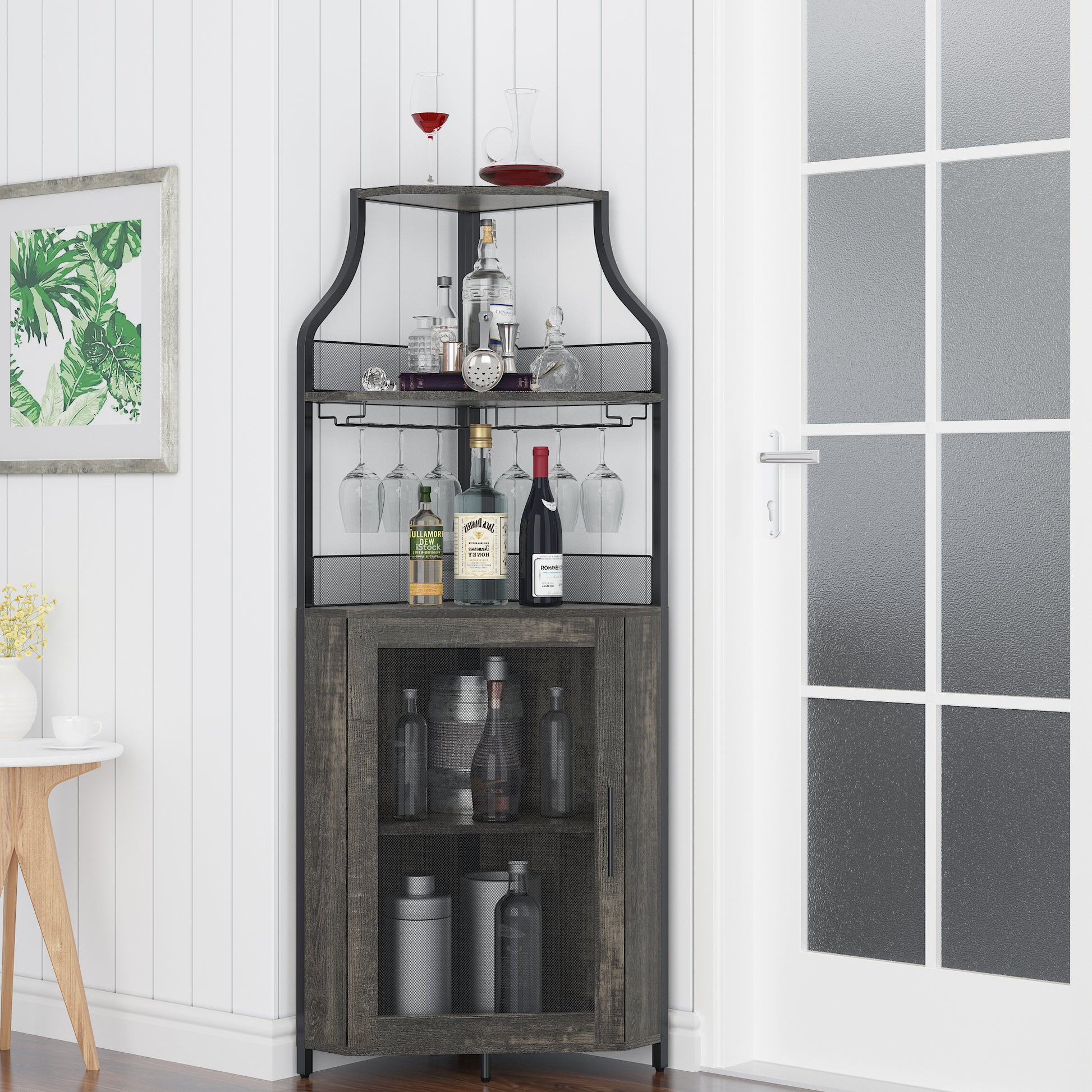 Garvee Corner Wine Bar Rack Cabinet with Detachable Wine Rack, Bar Cabinet with Glass Holder and Mesh Door, Liquor Coffe Bar Cabinet with Adjustable Shelves, Dark Wood