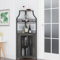 Garvee Corner Wine Bar Rack Cabinet with Detachable Wine Rack, Bar Cabinet with Glass Holder and Mesh Door, Liquor Coffe Bar Cabinet with Adjustable Shelves, Dark Wood