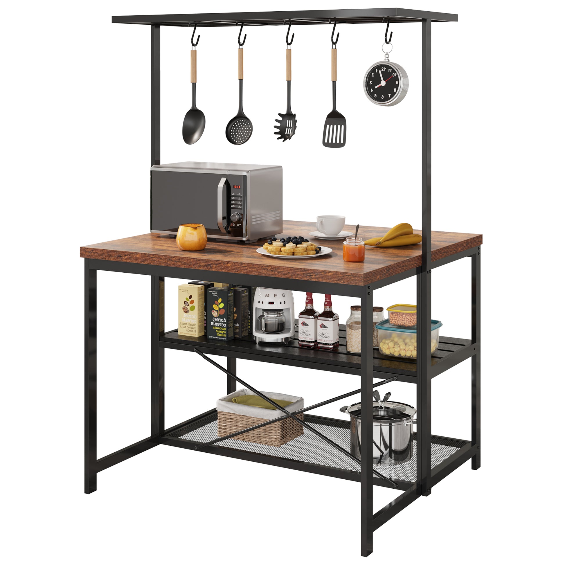 Garvee 42 inch Kitchen Island Bakers Rack 5 Hooks 3 Tier Microwave Stand Oven Shelf with Storage,Large Coffee Bar Table, Storage Shelf for Kitchen Dining Room Living Room