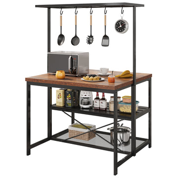 Garvee 42 inch Kitchen Island Bakers Rack 5 Hooks 3 Tier Microwave Stand Oven Shelf with Storage,Large Coffee Bar Table, Storage Shelf for Kitchen Dining Room Living Room