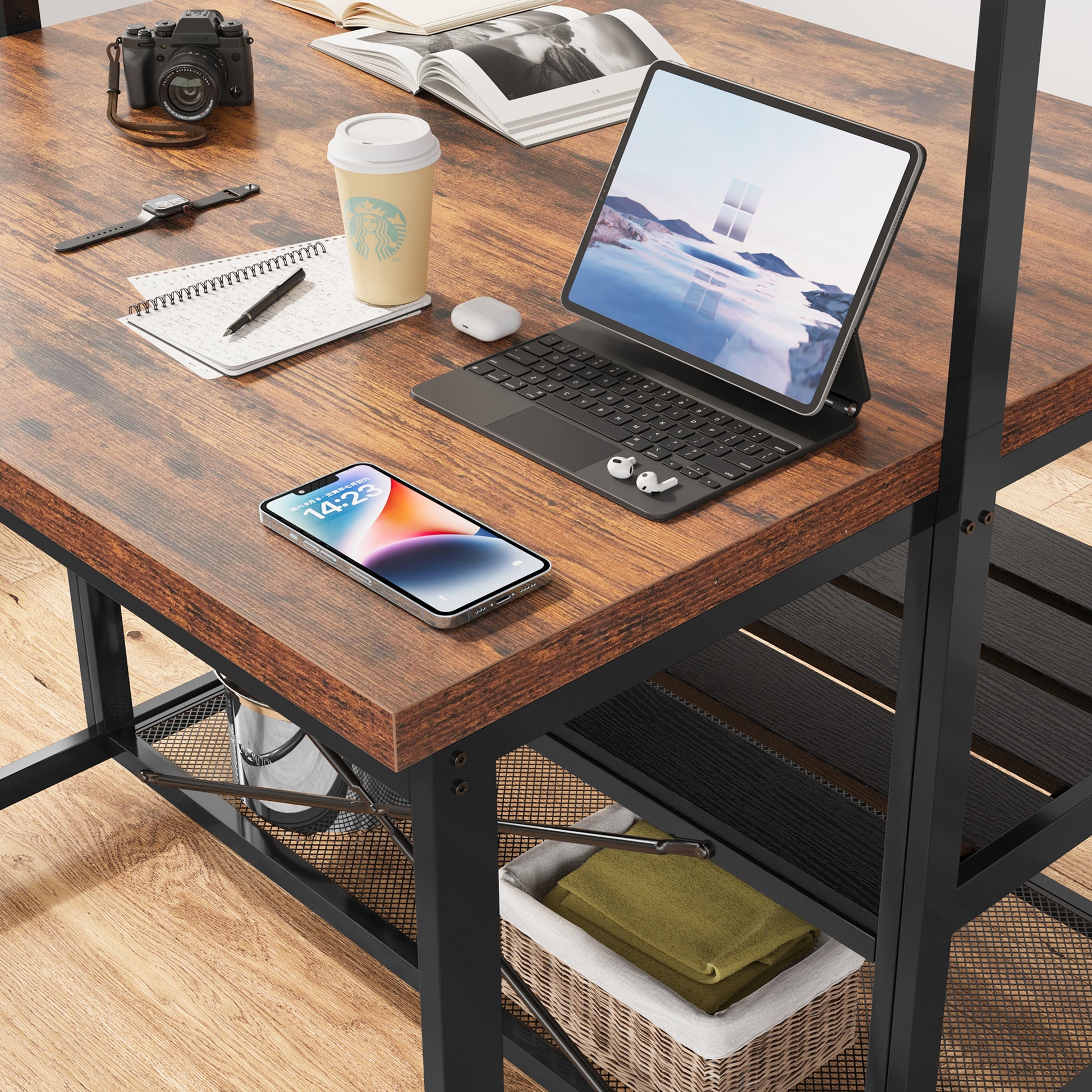 Garvee 42 inch Kitchen Island Bakers Rack 5 Hooks 3 Tier Microwave Stand Oven Shelf with Storage,Large Coffee Bar Table, Storage Shelf for Kitchen Dining Room Living Room