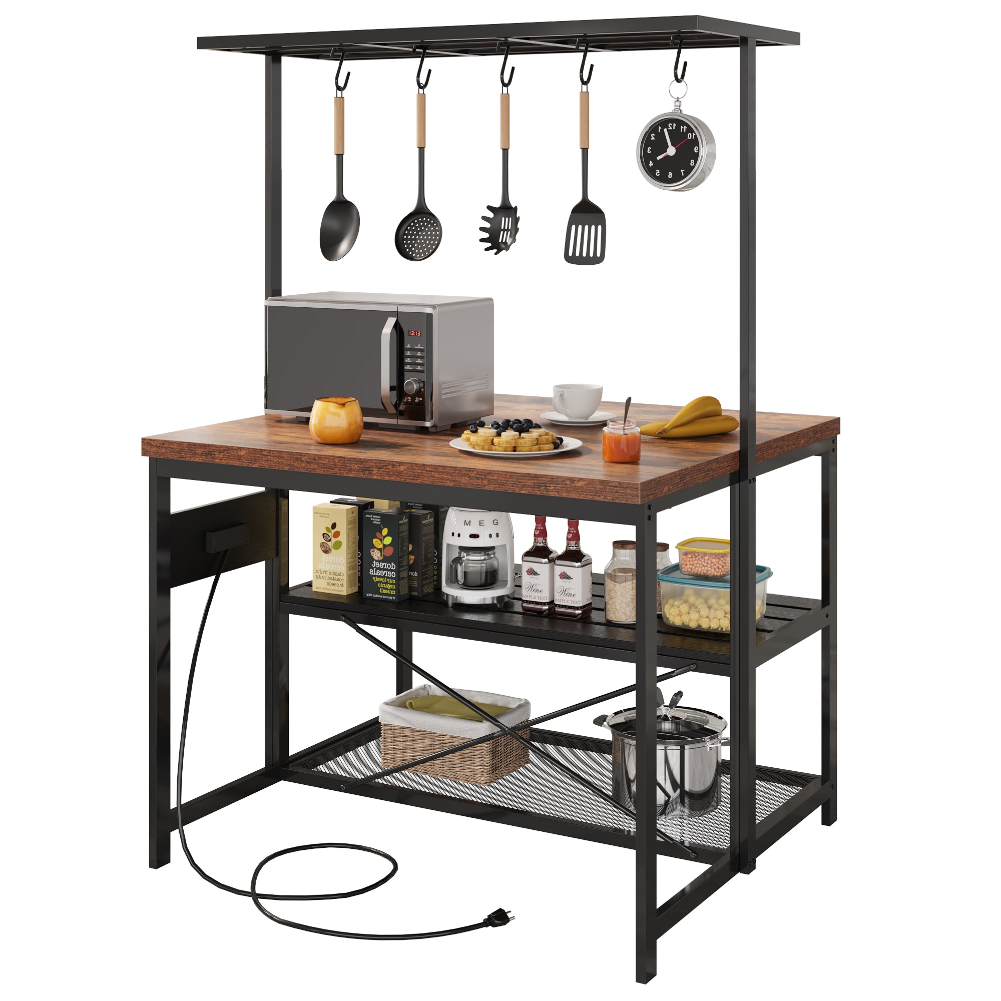 Garvee 47 inch Kitchen Island with Storage & Power Outlet 3-Tier Microwave Stand, Coffee Bar Table, and Bakers Rack with 5 Hooks for Kitchen, Dining and Living Rooms