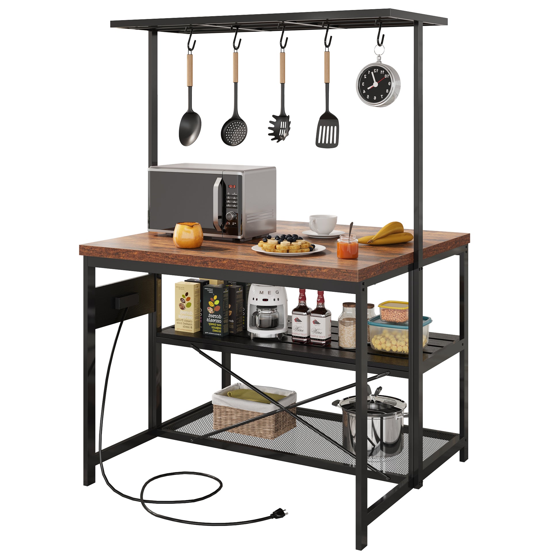 Garvee 47 inch Kitchen Island with Storage & Power Outlet 3-Tier Microwave Stand, Coffee Bar Table, and Bakers Rack with 5 Hooks for Kitchen, Dining and Living Rooms