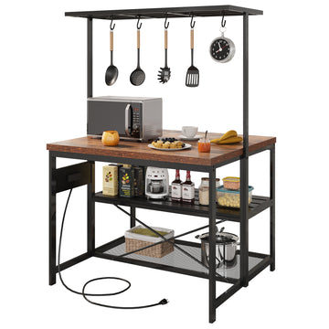 Garvee 47 inch Kitchen Island with Storage & Power Outlet 3-Tier Microwave Stand, Coffee Bar Table, and Bakers Rack with 5 Hooks for Kitchen, Dining and Living Rooms