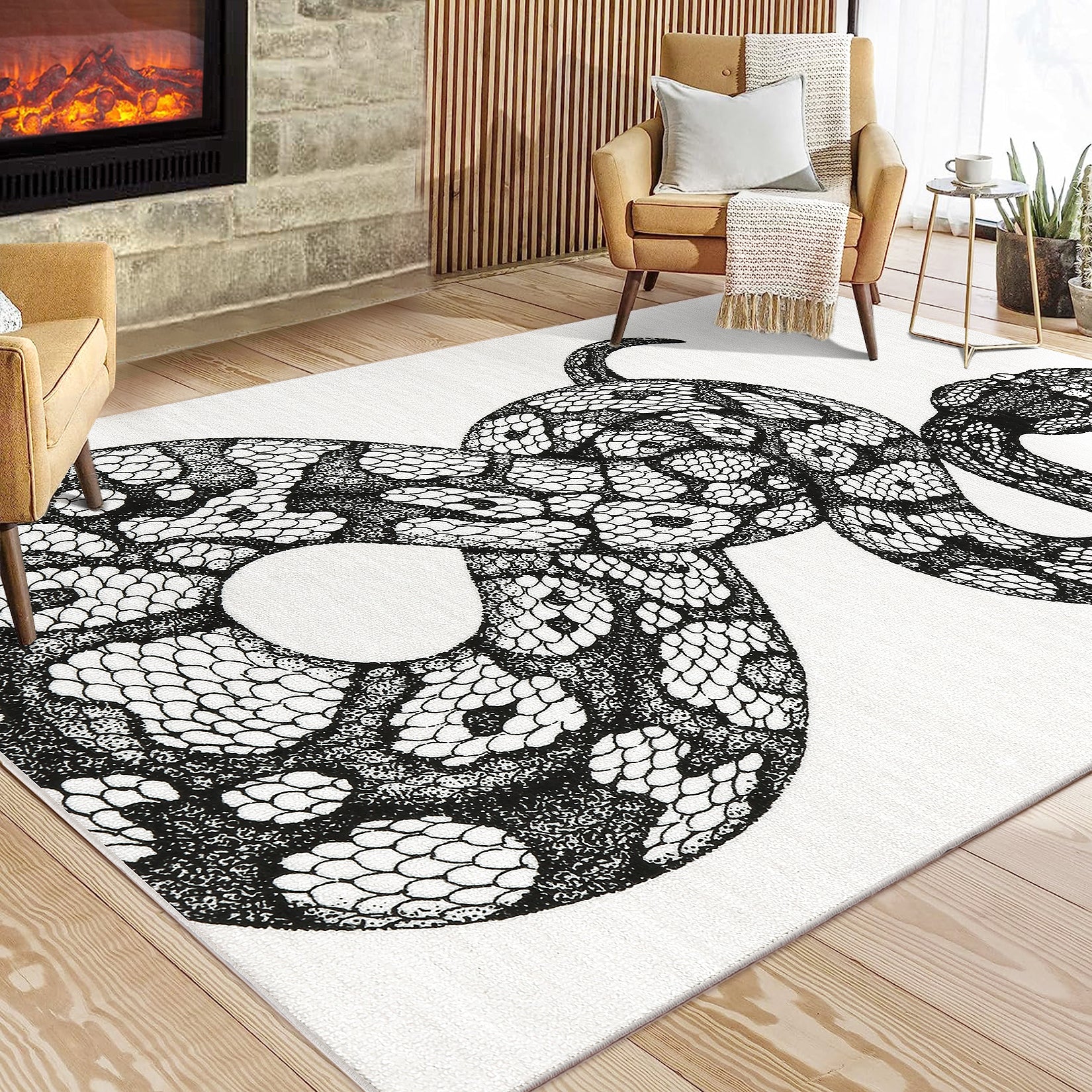 Garvee Animal Print Black & White 3x5 Washable Rug – Modern Snake Rug, Low-Pile Gothic Area Carpet for Bedroom, Living Room, Office, or Aesthetic Floor Decor