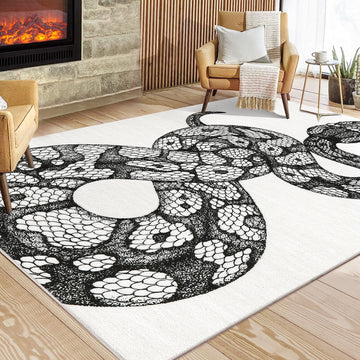 Garvee Animal Print Black & White 3x5 Washable Rug – Modern Snake Rug, Low-Pile Gothic Area Carpet for Bedroom, Living Room, Office, or Aesthetic Floor Decor