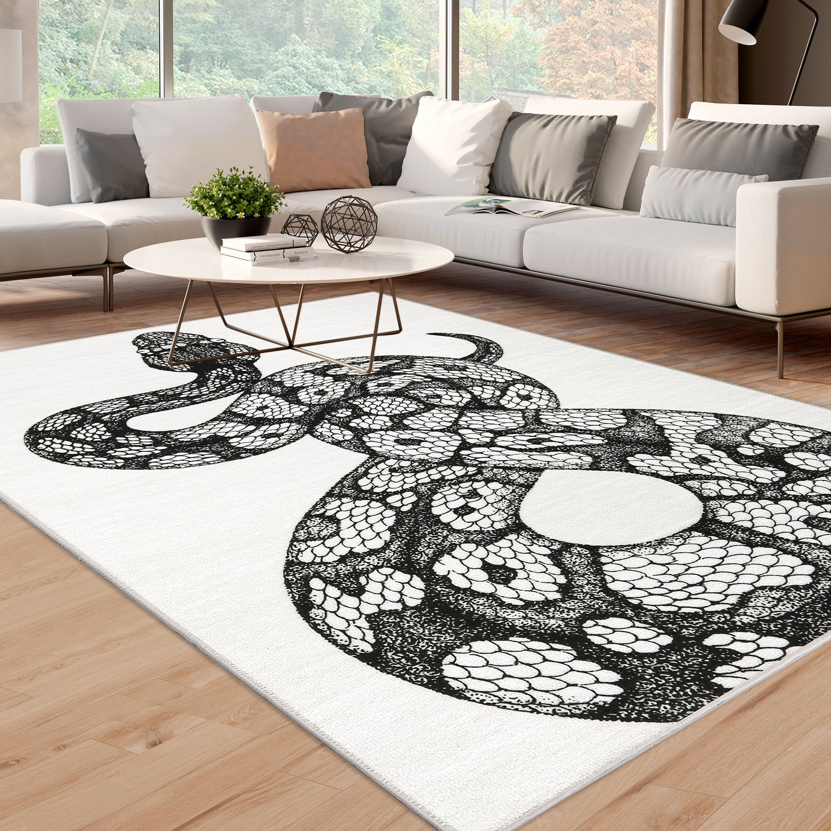Garvee Animal Print Black & White 3x5 Washable Rug – Modern Snake Rug, Low-Pile Gothic Area Carpet for Bedroom, Living Room, Office, or Aesthetic Floor Decor