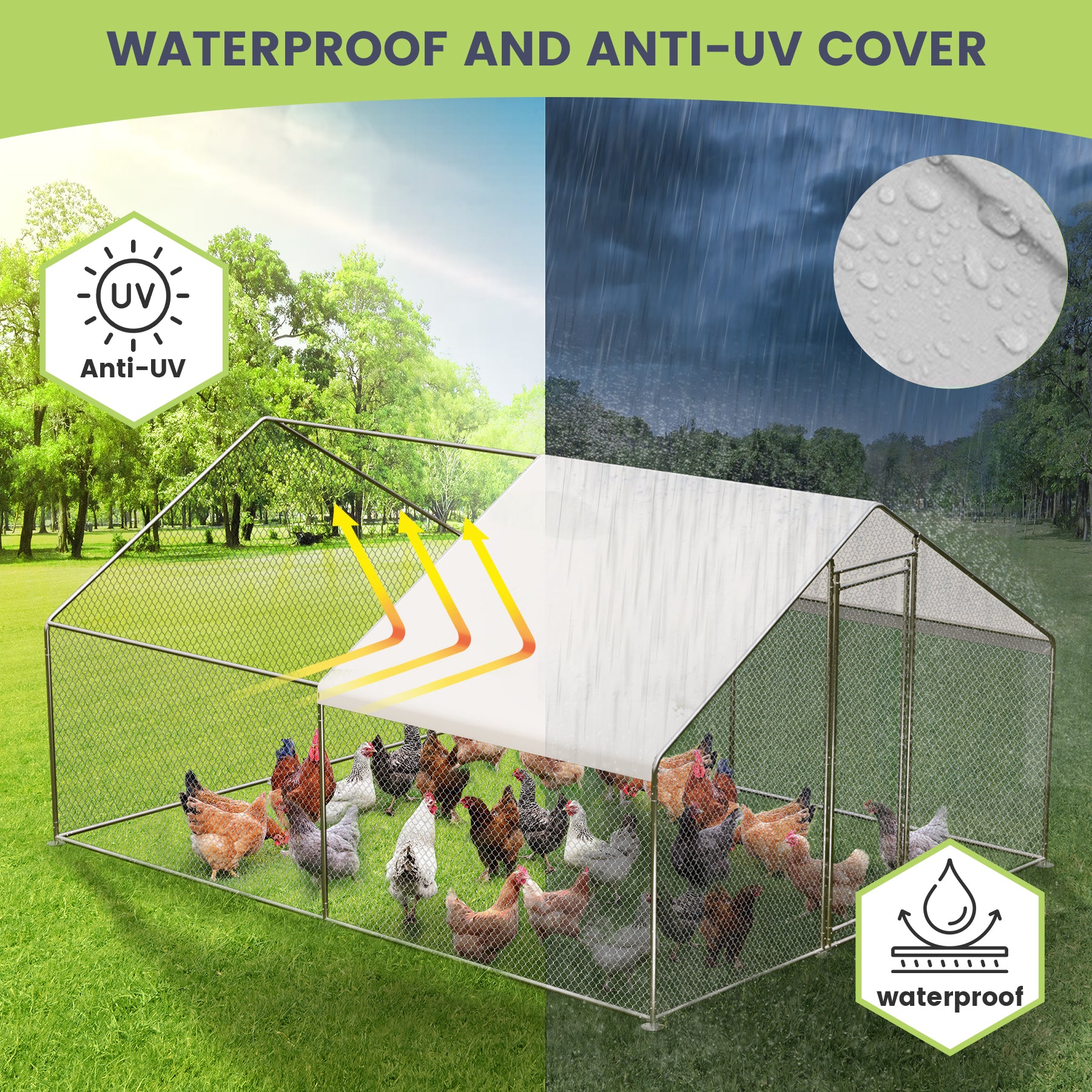 Garvee Large Metal Chicken Coop, Walk-in Poultry Cage, Chicken House with Waterproof and Anti-Ultraviolet Cover for Outdoor Yard Farm Silver - 9.8*19.7*6.6FT