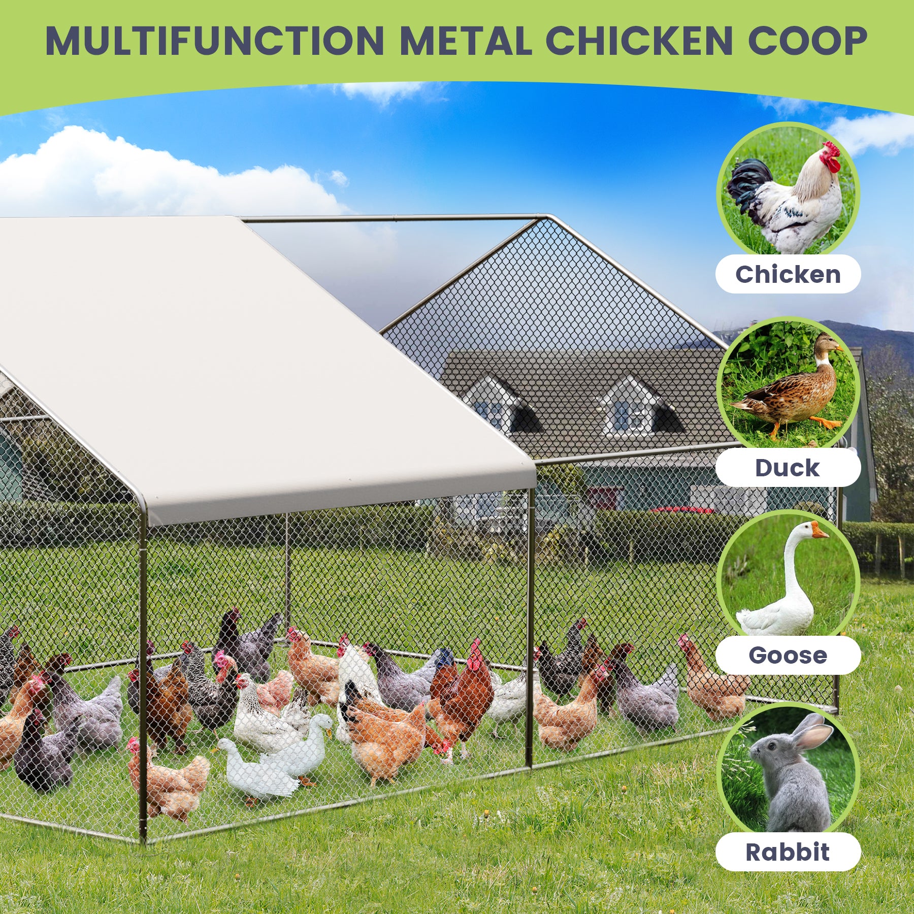 Garvee Large Metal Chicken Coop, Walk-in Poultry Cage, Chicken House with Waterproof and Anti-Ultraviolet Cover for Outdoor Yard Farm Silver - 9.8*19.7*6.6FT