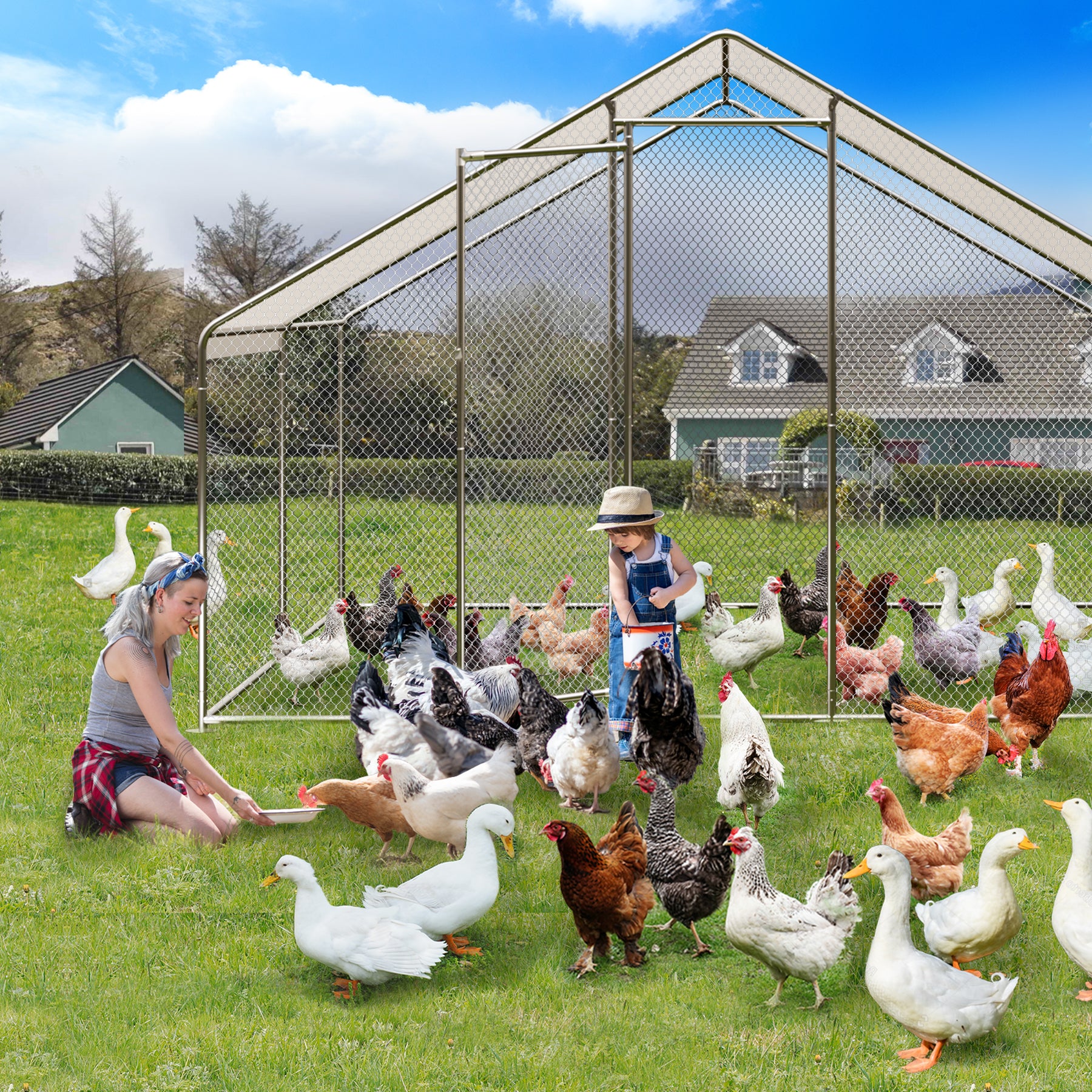 Garvee Large Metal Chicken Coop, Walk-in Poultry Cage, Chicken House with Waterproof and Anti-Ultraviolet Cover for Outdoor Yard Farm Silver - 9.8*19.7*6.6FT