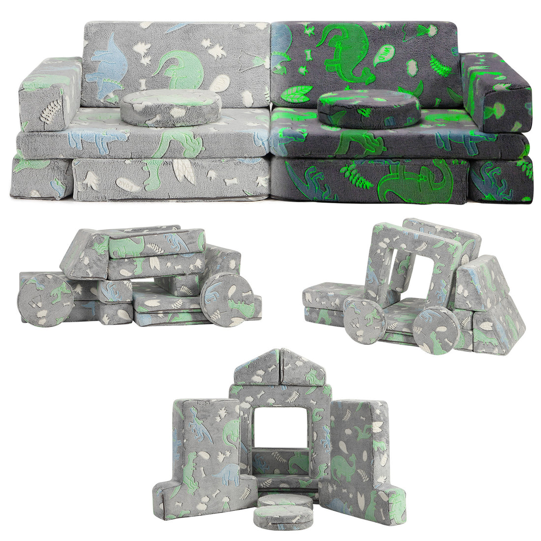 Garvee 12 Piece Modular Kids Couch, Convertible Dinosaur Glow in The Dark Sofa for Play, Sleep, and Imagination in Bedroom or Playroom for Boys and Girls