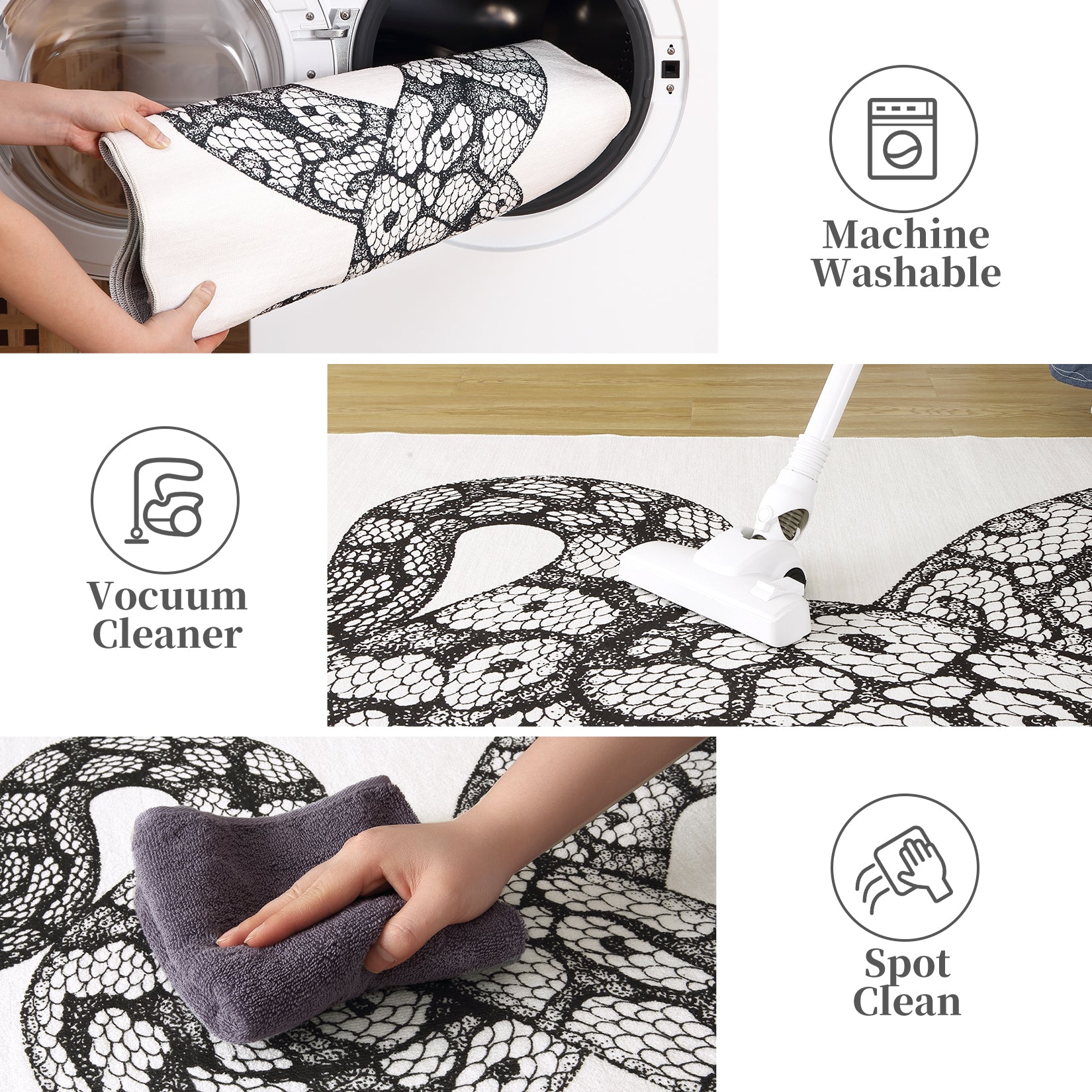 Garvee Animal Print Black & White 3x5 Washable Rug – Modern Snake Rug, Low-Pile Gothic Area Carpet for Bedroom, Living Room, Office, or Aesthetic Floor Decor
