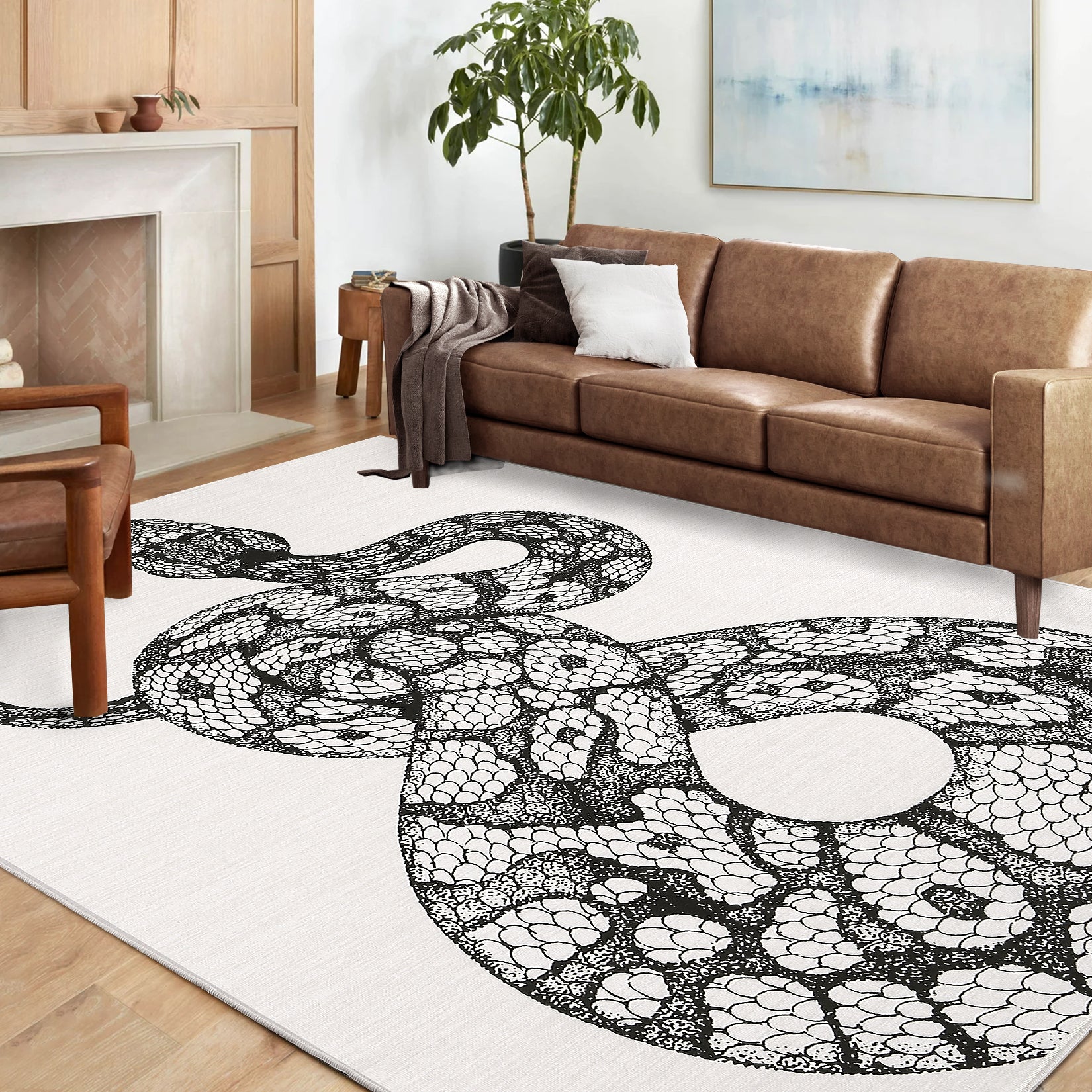 Garvee Animal Print Black & White 3x5 Washable Rug – Modern Snake Rug, Low-Pile Gothic Area Carpet for Bedroom, Living Room, Office, or Aesthetic Floor Decor