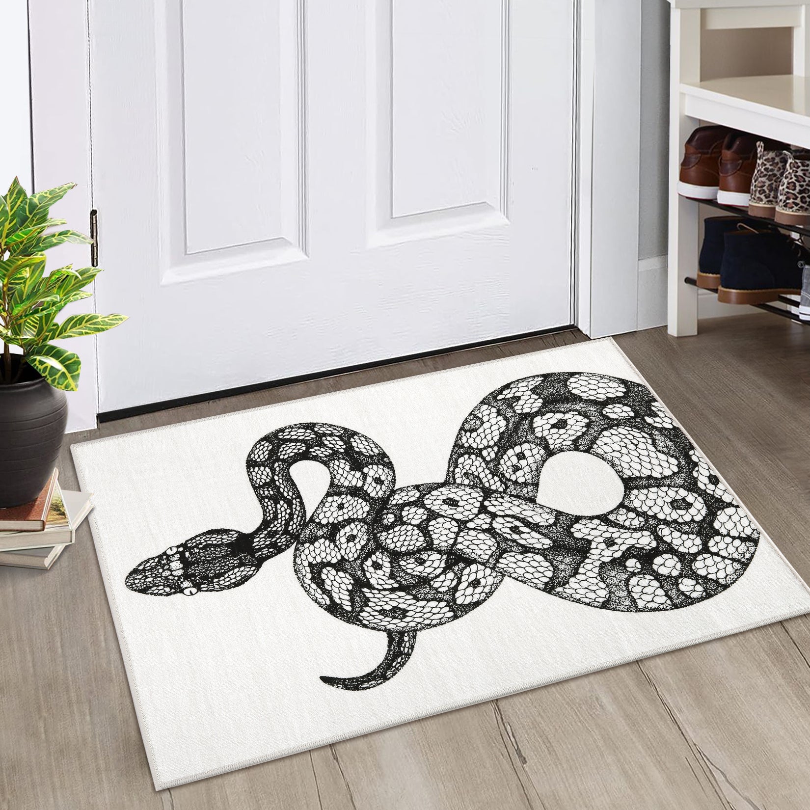 Garvee Animal Print Black & White 2x3 Washable Entryway Rug – Modern Snake Rug, Indoor/Outdoor Non-Slip Throw Mat for Bedroom, Bathroom, Kitchen, or Living Room