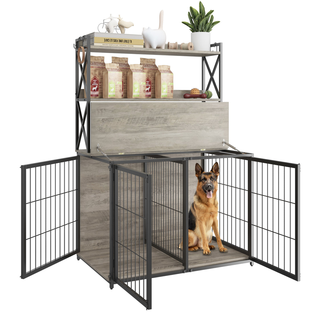Dog Crate Furniture,Wooden Dog Crate End Table with Flip Top and Movable Divider,42.5 Inch Dog Cage with Storage Shelves,Large Dog Kennel Indoor Furniture with 3 Doors,42.5"L*27.1"W*63.7"H,Grey
