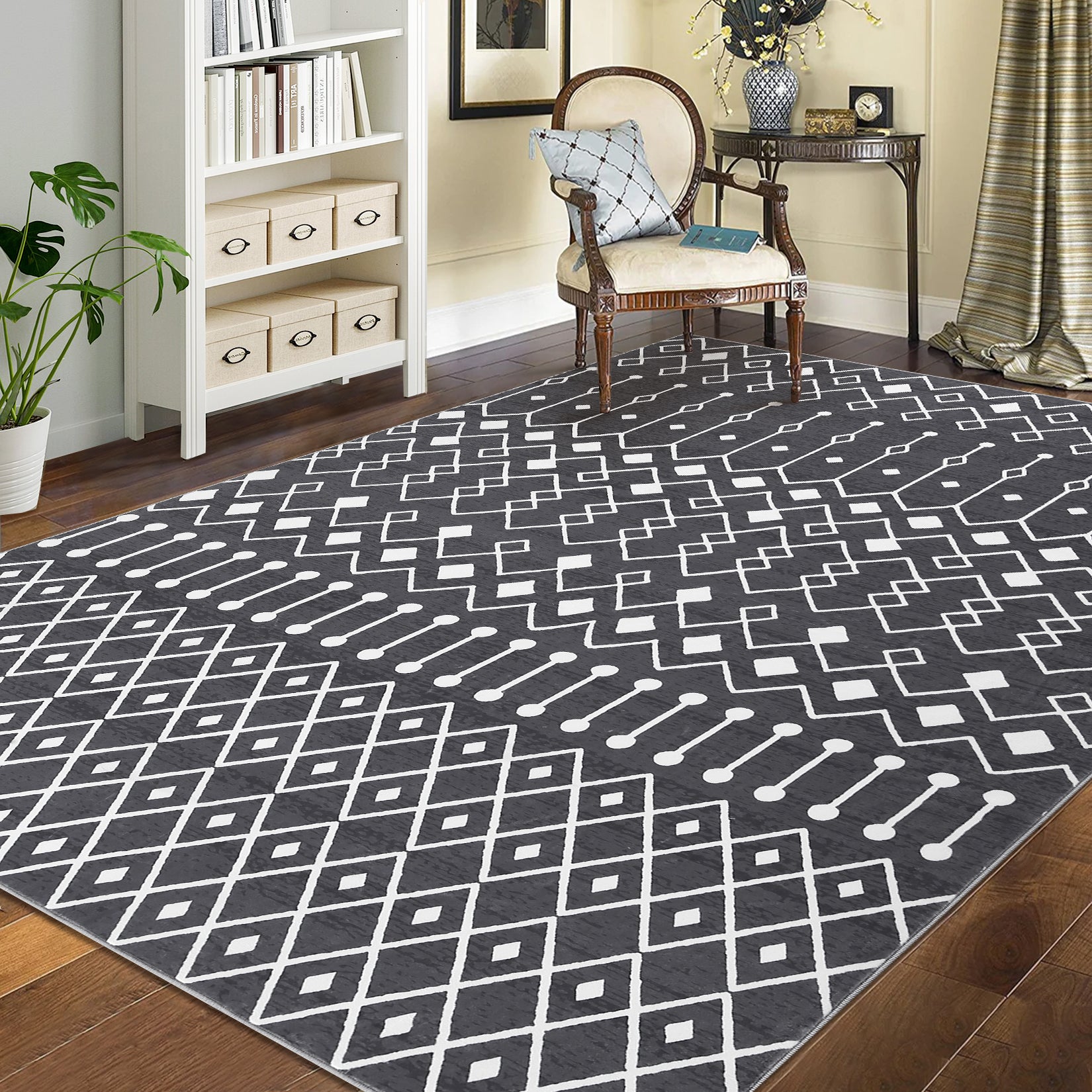 Garvee Washable 8x10 Grey Moroccan Rug - Modern Geometric Low Pile Carpet for Bedroom & Living Room - Non-Slip, Easy Care, Durable, Cozy Polyester