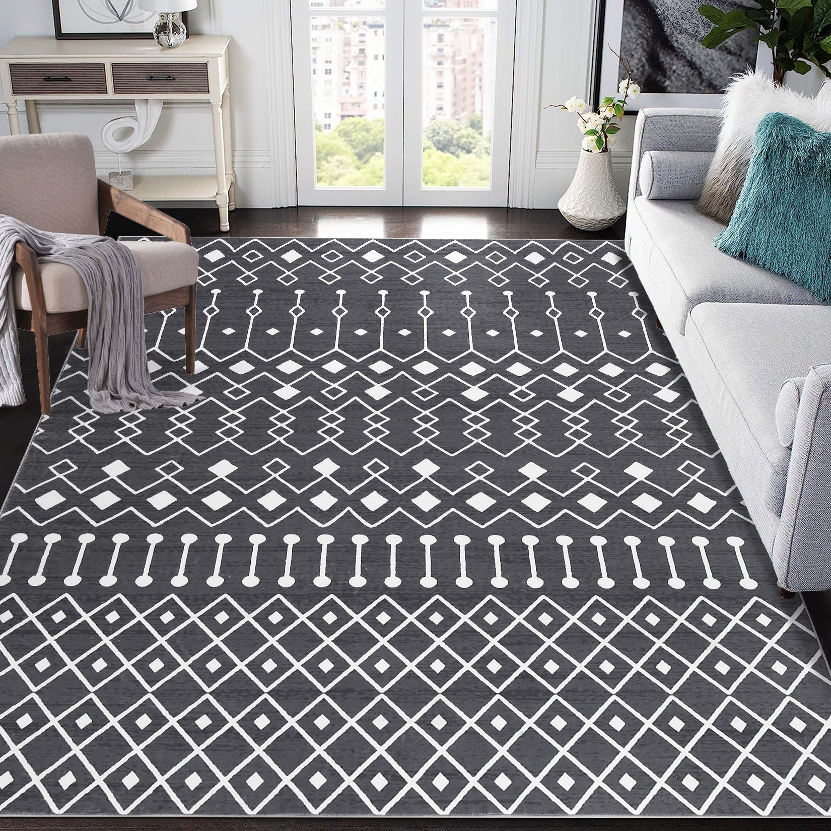 Garvee Washable 8x10 Grey Moroccan Rug - Modern Geometric Low Pile Carpet for Bedroom & Living Room - Non-Slip, Easy Care, Durable, Cozy Polyester