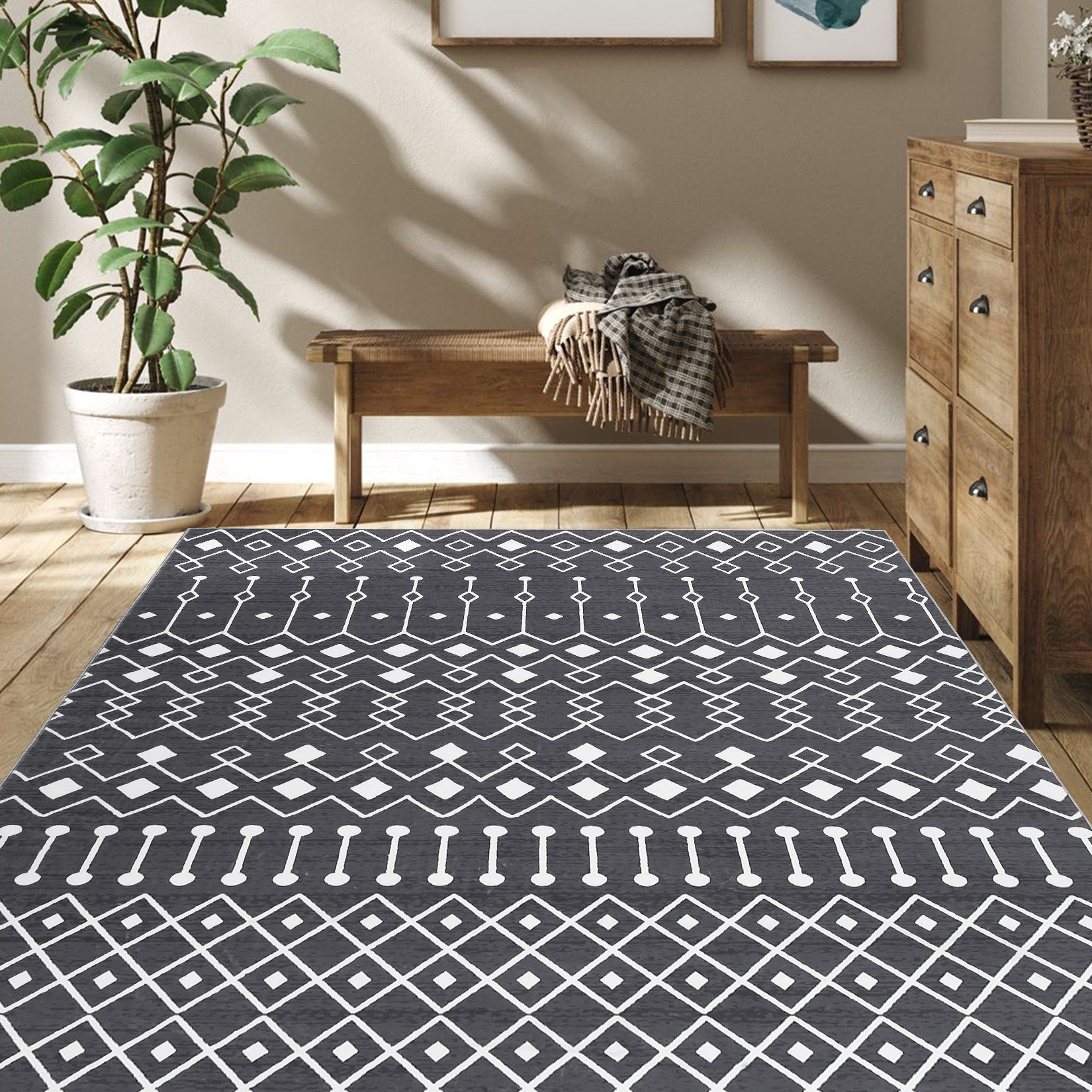 Garvee Washable 8x10 Grey Moroccan Rug - Modern Geometric Low Pile Carpet for Bedroom & Living Room - Non-Slip, Easy Care, Durable, Cozy Polyester